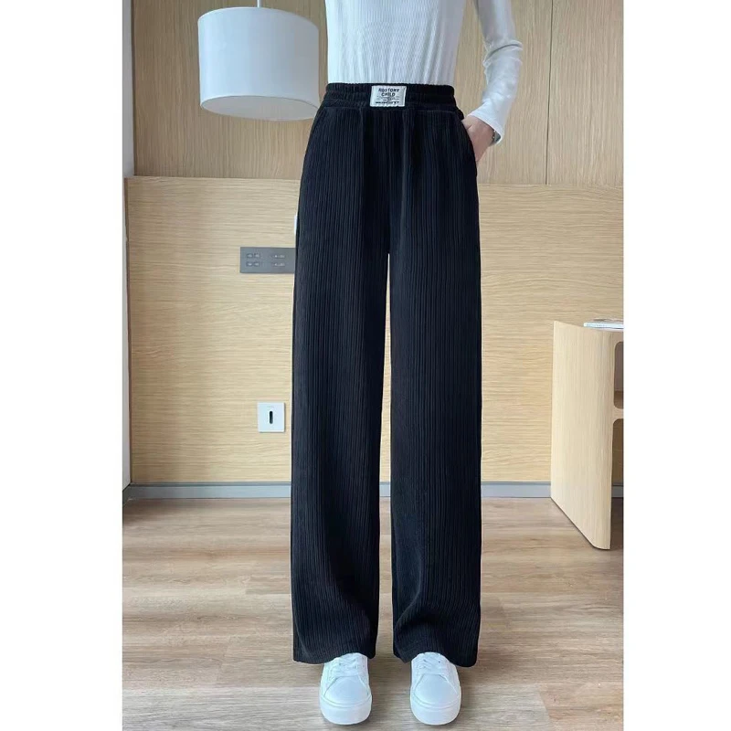 Women Korean Fashion Casual Streetwear High Waist Wide Leg Pants Autumn Winter Female Solid Loose Plush Thick Straight Trousers