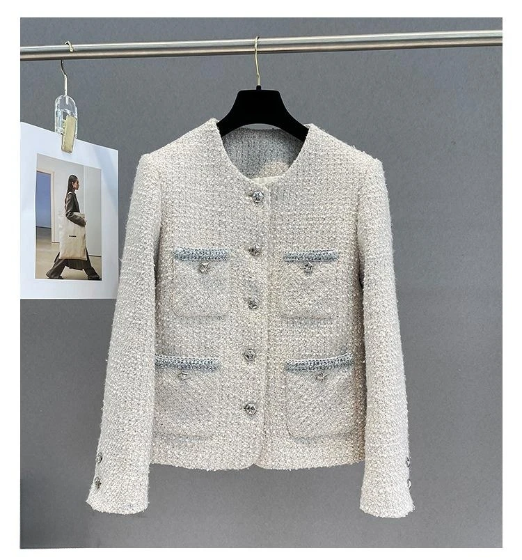 

2023 Autumn Fashion Women's High Quality Pockets Elegant O-neck Tweed Jackets Coat F049