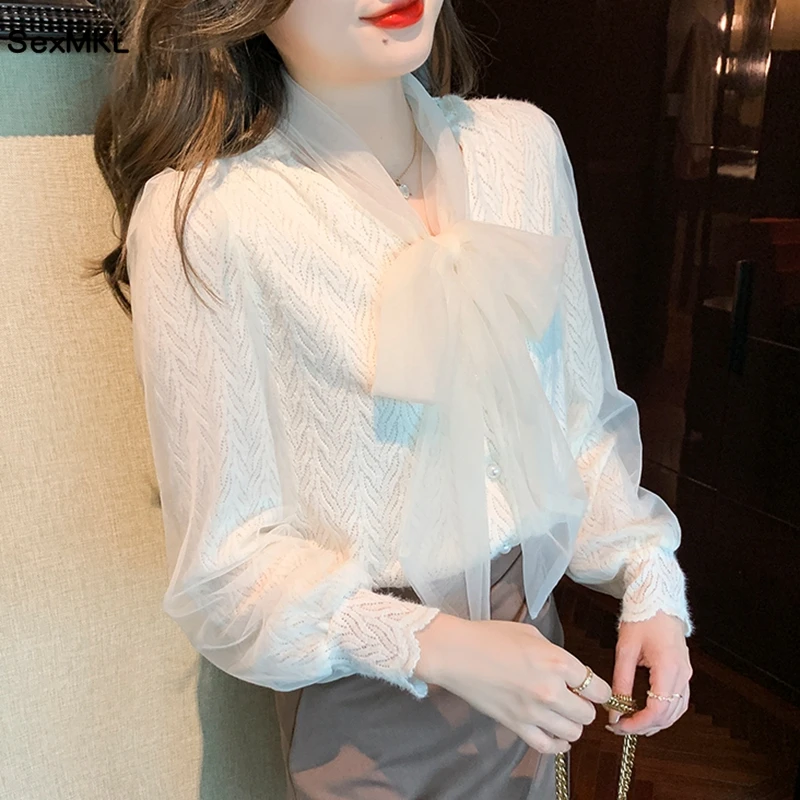 

Autumn Winter Long Sleeve Blouses Women 2023 Korean Fashion Clothing Streetwear Blusas Mujer Elegant Bow Neck Lace Tops Shirts