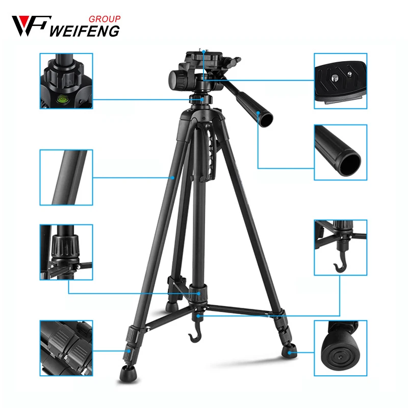 WEIFENG WF-3520 카메라 삼각대, 휴대용 사진 비디오 셀카 브래킷, DSLR 마이크로 카메라용 헤드 퀵릴리즈 플레이트 포함