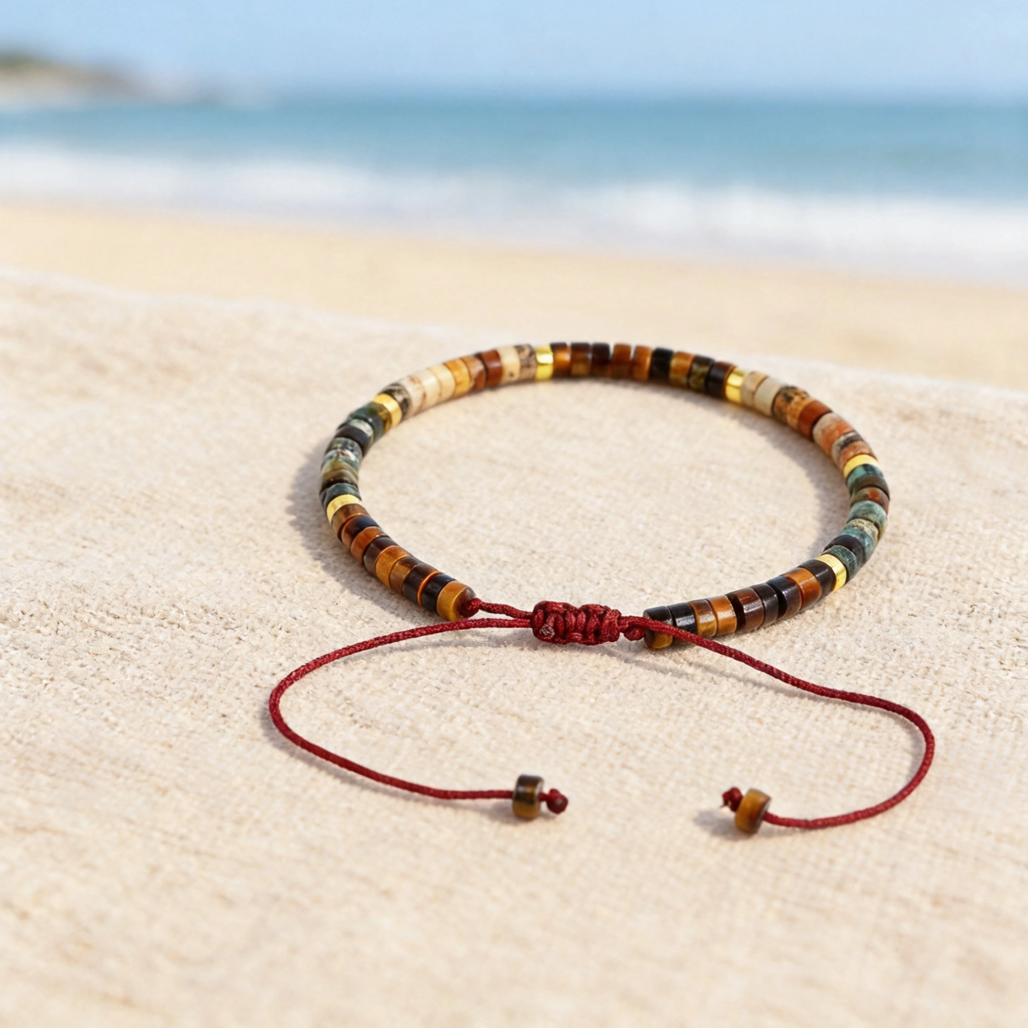 Spring Fashion Waterproof Jewellery Tiger's Eye African Pine Nature Stone Bransoletka for Beach Scene Anklet Adjustable Rope 3.8 3