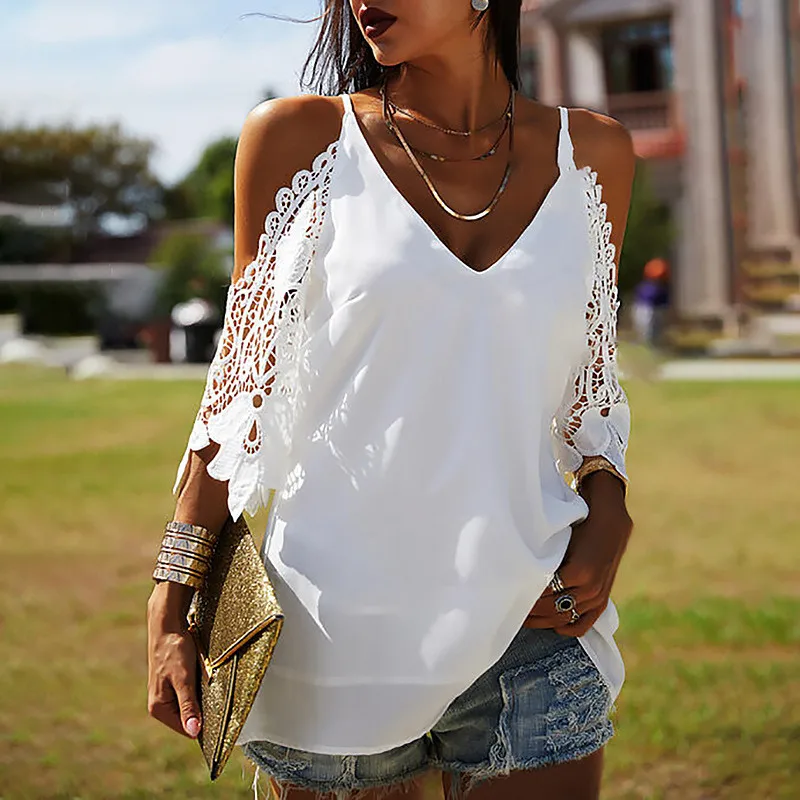 

Women Off Shoulder Blouse Shirt Elegant Lace Patchwork Loos Top and Blouse Sexy V Neck Oversize Casual Copped Fashion 2023 New