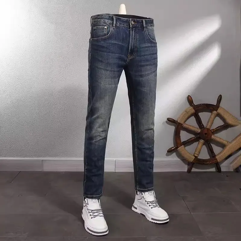 Fashion Vintage Men Jeans High Quality Retro Washed Blue Stretch Elastic Slim Jeans Men Casual Designer Denim Pants Hombre