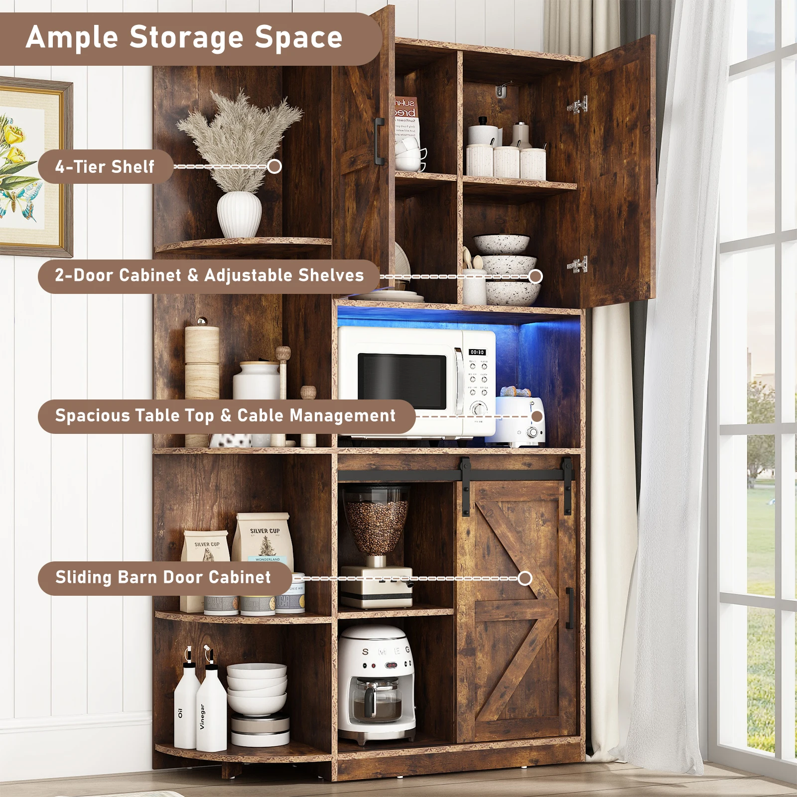 71" Farmhouse Kitchen Pantry Storage Cabinet, Freestanding Hutch Cabinet w/Barn Doors & Shelves, Buffet Sideboard, Brown/White