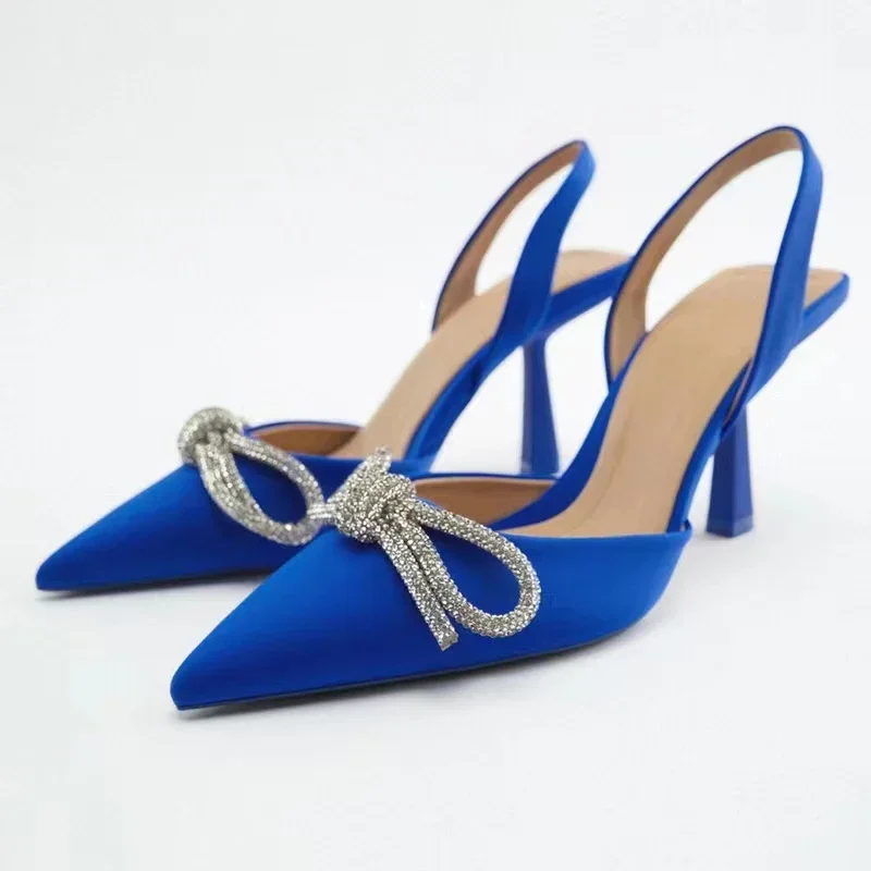 Women Blue Slingback Pumps High Heels Crystal Bowknot Party Dress