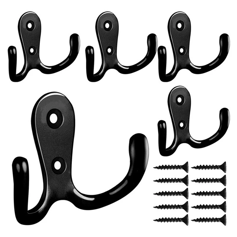 

10X Double Prong Robe Hook With Screws, Dual Coat Hooks Wall Mounted Hanging Clothes (Black)