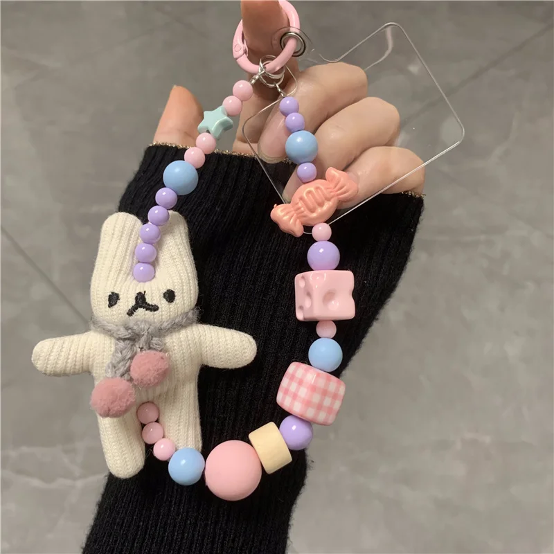 수제 DIY 토끼 모바일 폰 체인 참 휴대폰 끈 펜던트 가스켓 클립 비즈 가방 폰 팔찌