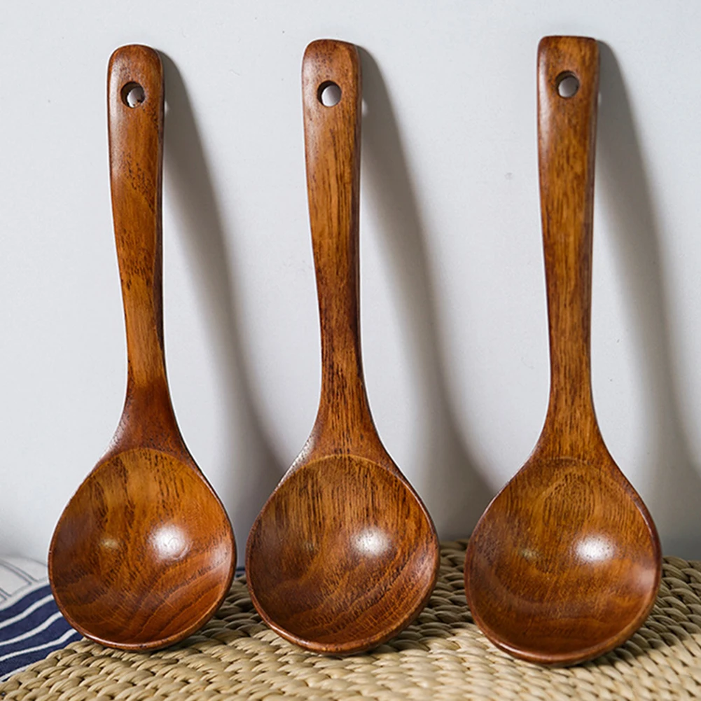 Wooden Soup Spoon Long Handle Dessert Rice Soup Spoon Teaspoon Kitchen Accessories 1PC