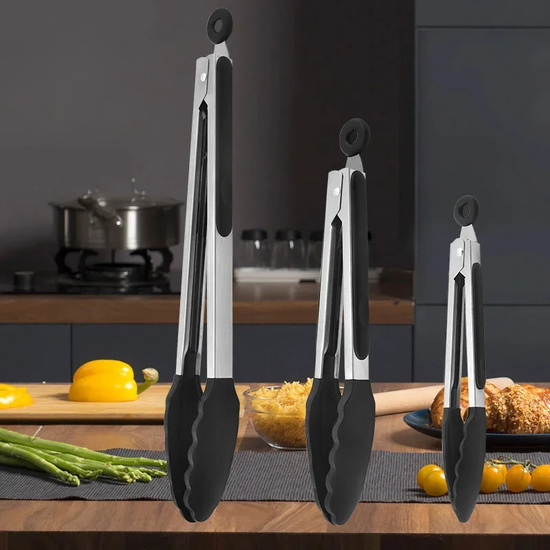 7/12inch Silicone BBQ Grilling Tong Salad Bread Serving Tong Non-Stick Kitchen Barbecue Grilling Cooking with Joint Lock