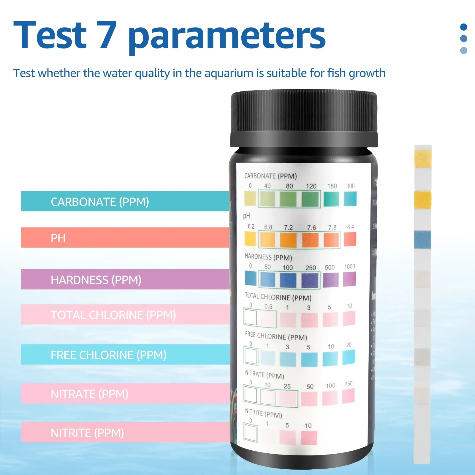 100Pcs Aquarium Test Strips 7-in-1 Fish Tank Test Kit with Tube Fast Accurate Aquarium pH Hardness Water Testing Strips