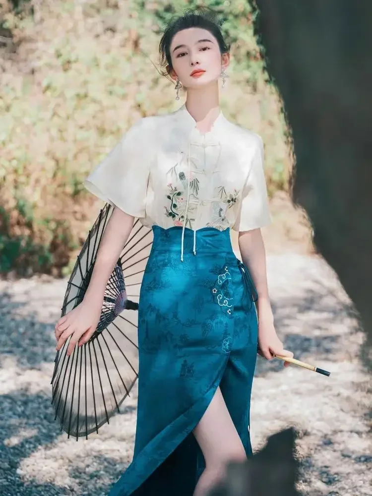 Summer Fashion Set Qipao Women's Ethnic Style Embroidery Shirt High Waist Slim Half Skirt Hanfu Chinese Traditional Clothing Set
