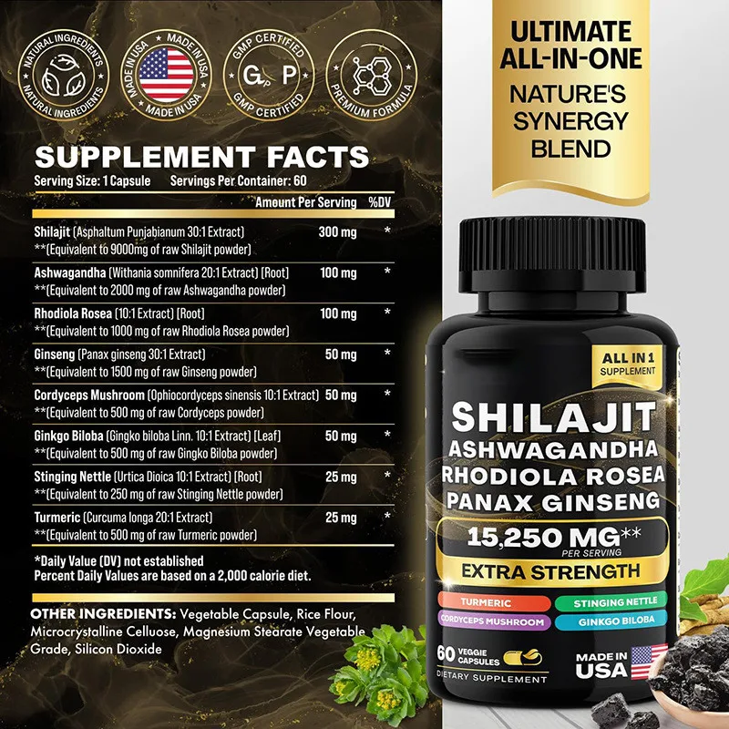 Pure Shilajit Mineral Supplements with Ashwagandha Ginseng Turmeric Increase Size & Stamina Enhance Endurance Capsules 15250mg
