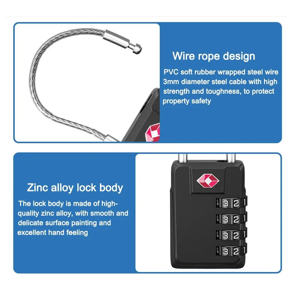 Description Picture 6 of itemTSA 4 Digit Combination Lock Zinc Alloy Anti-theft Customs Password Lock Wire Rope Padlock Travel Suitcase Luggage Coded Lock