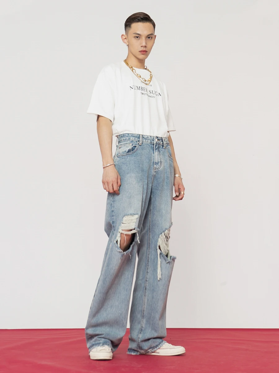 Fashionable Mop Jeans Trendy Men's Loose Comfortable Washed Straight All-Matching Retro Youth Popularity Denim Trousers