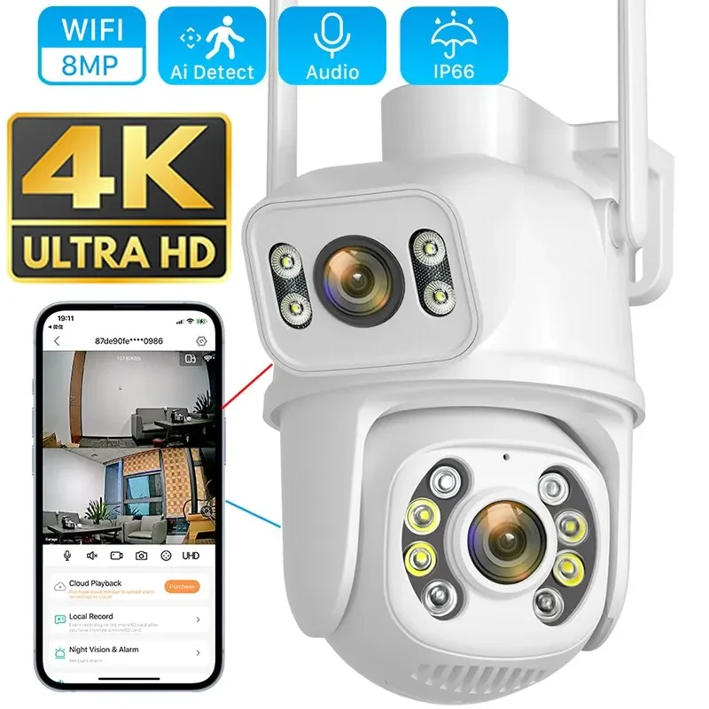 8MP 4K PTZ Wifi Surveillance Camera Dual Lens Dual Screen Ai Human Detect Auto Tracking Night Vision Outdoor ICSee