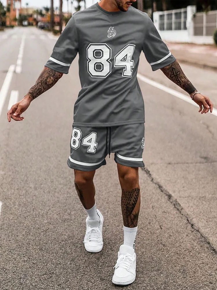 남성용 캐주얼 패션 의상, 트렌디 반팔 티셔츠, 반바지 세트, 세련된 여름 운동, 애슬레저 웨어, 84 프린트, 2 개