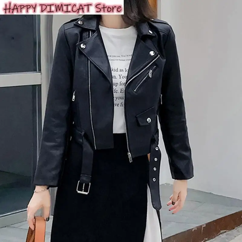 여성용 우아한 크롭 겉옷 패션 한국 캐주얼 슬림 화이트 인조 가죽 재킷, 벨트 짧은 PU 재킷