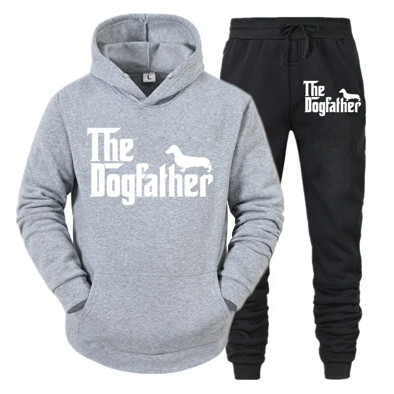 thumbnail image 1 of Conjunto de dos piezas "El Dogfather" Divertido chándal casual para amantes de los perros salchichas para hombre Otoño Conjunto de ropa deportiva holgada con capucha estilo hip hop con animales, 1 of 4