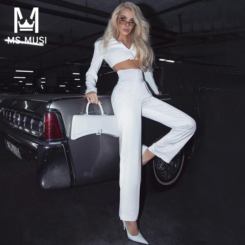 

MSMUSI 2023 New Fashion Women Sexy Two Piece Set Bodycon Party Turn Down Collar Long Sleeve Blazer Jacket Top Long Pant Set Suit