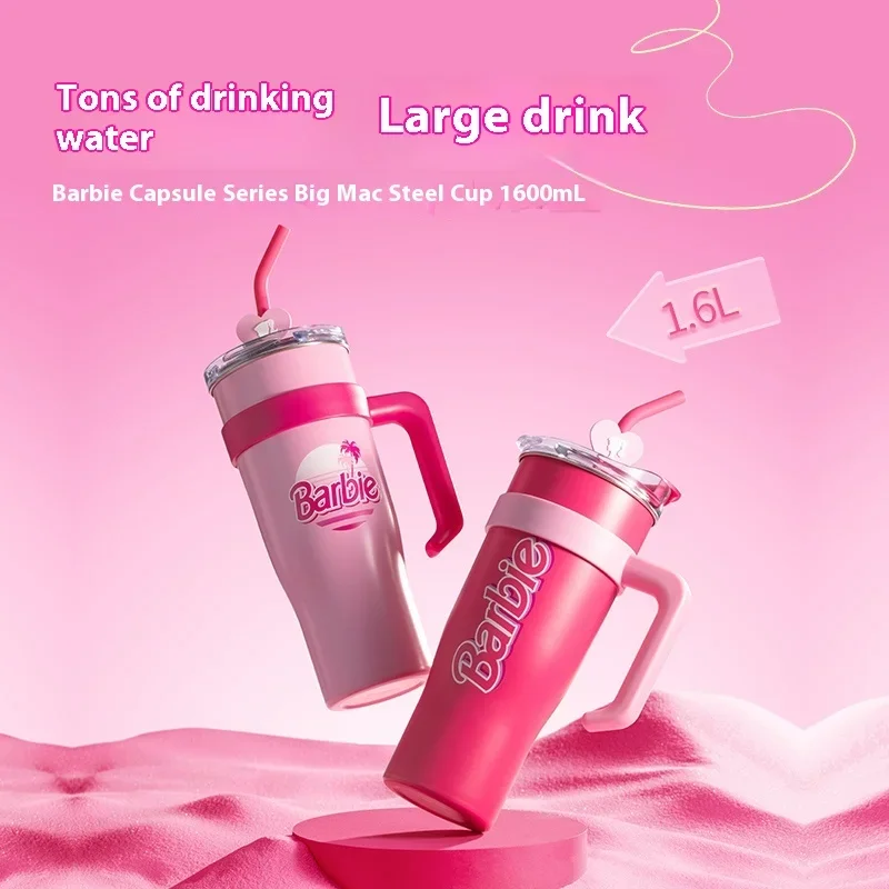 Miniso Big Mac Steel Cup Rose Red Barbie Capsule Series Con Paglia In Acciaio Inossidabile Kawaii High-Look Grande Capacità 1600Ml