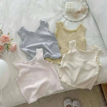 T2582 Girls Embroidered Lace Trim Mini Vest Cute Stylish Summer Wear Striped Camisole Baby Girls Inner Wear Strap Top 1