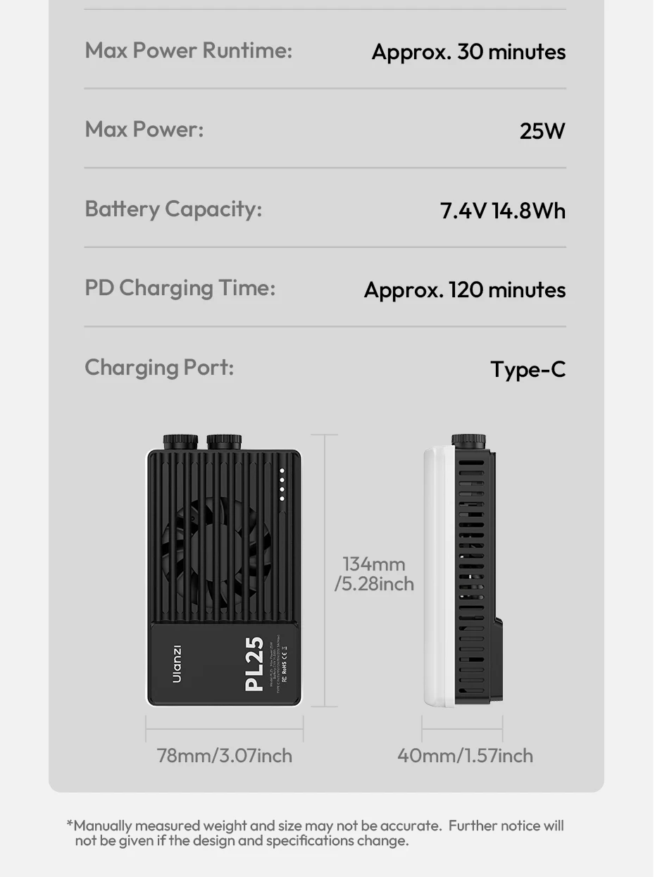 25W High-Power Pocket Light Portable Fill Light 2700K-6500K Video Light with Aut