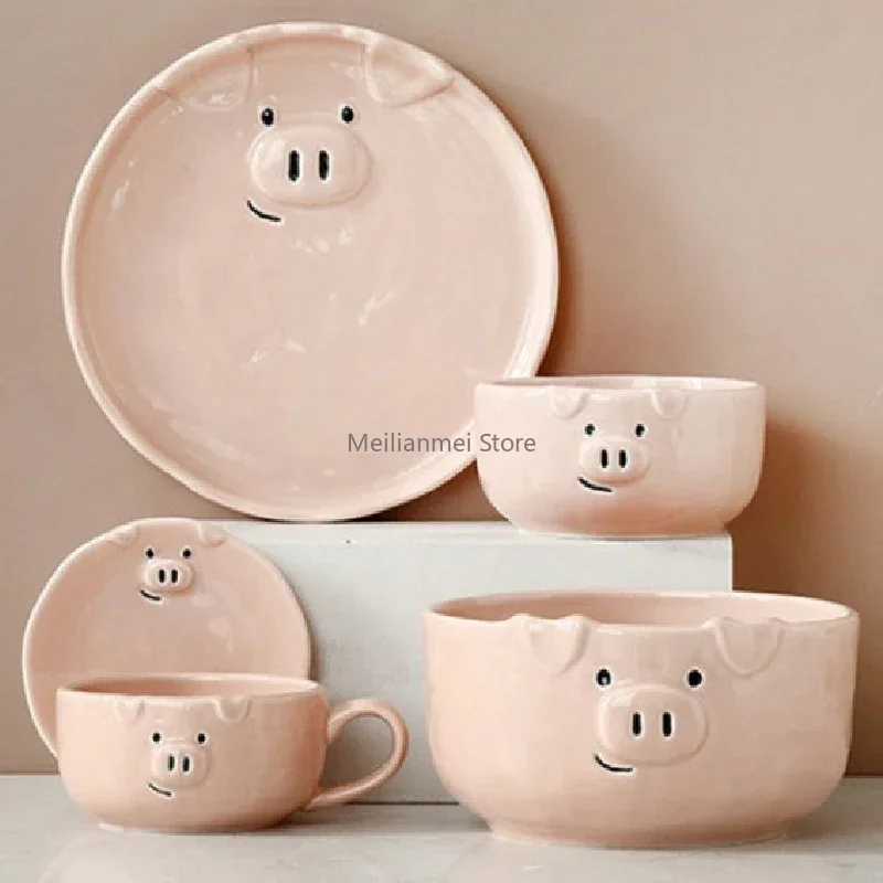 Ceramic Bowl Cute Pink Pig Tableware Dishes Home Ceramic Plate Breakfast Nordic Wind Irregular Matte Plate Kitchen Utensils