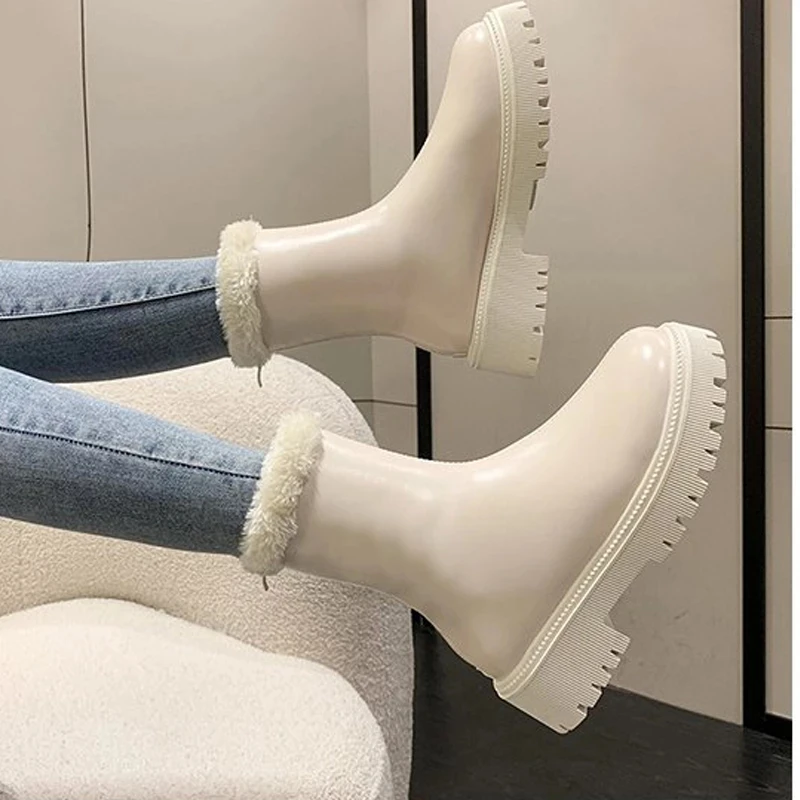 

Winter Women Knee High Boots Female Pu Fashion Platform Keep Warm Plush Long Boot Ladies Soild Zipper Square Heels Short Boot