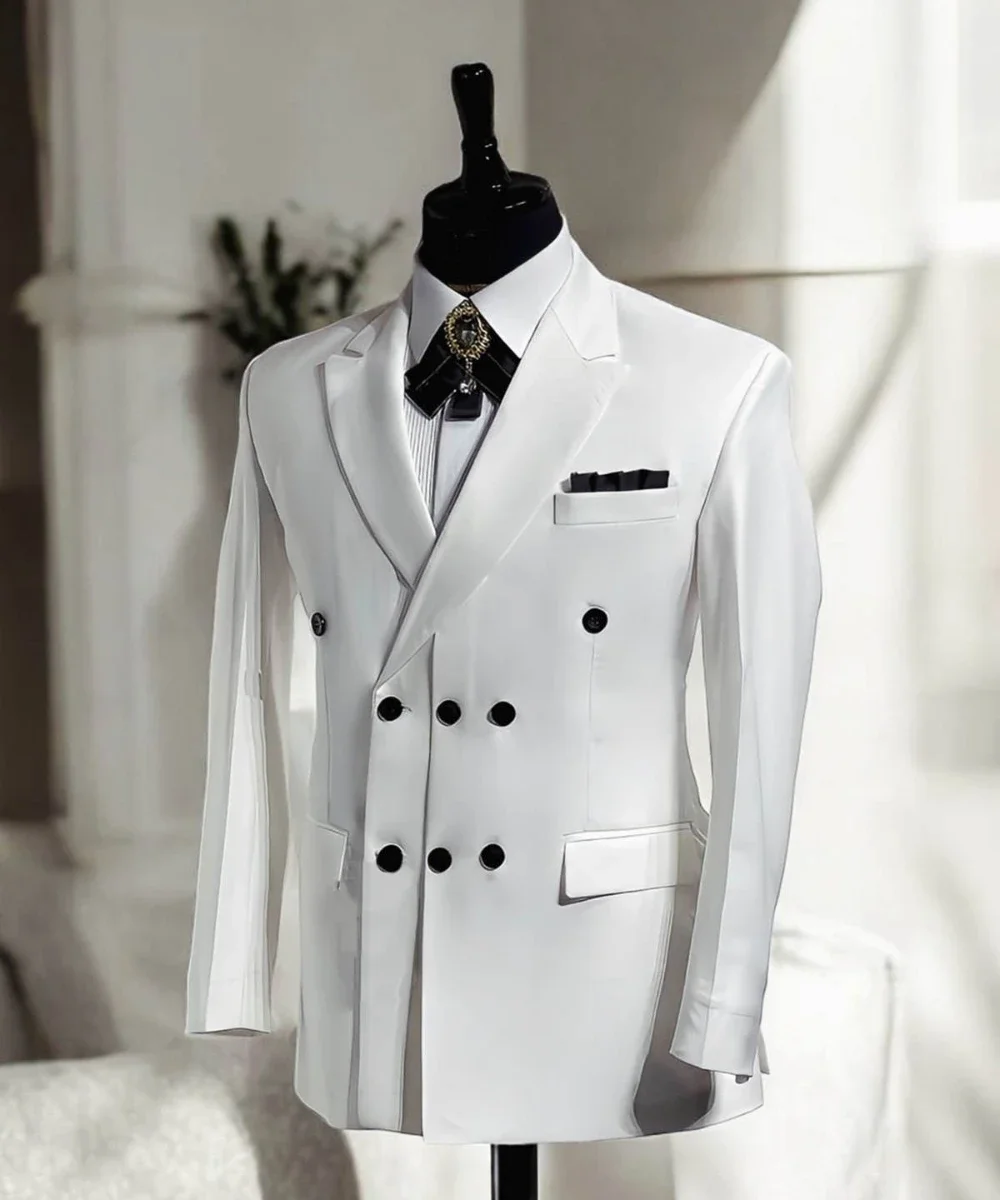 White Men Suits Coat Peaked Lapel Three Breasted Blazer Groom Business Made Only Jacket