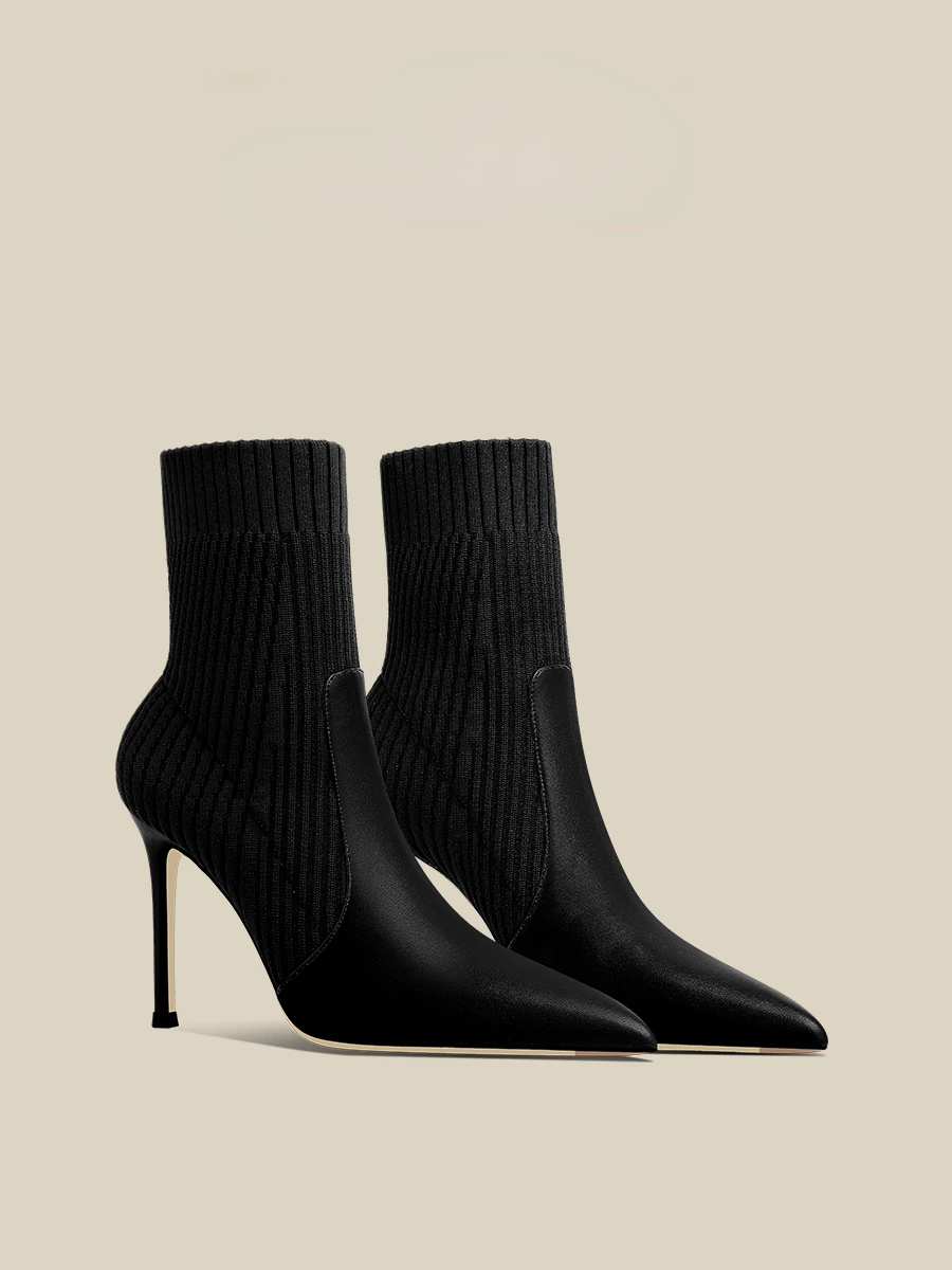 

Autumn and Winter New Women's Black Short Boots Pointed High Heel Elastic Sock Boots