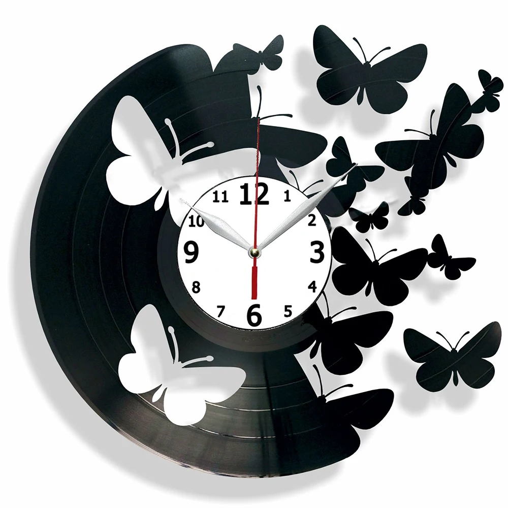 

Виниловые часы с бабочками, домашняя запись, винтажное украшение, 3D Декоративные Подвесные художественные декоративные часы