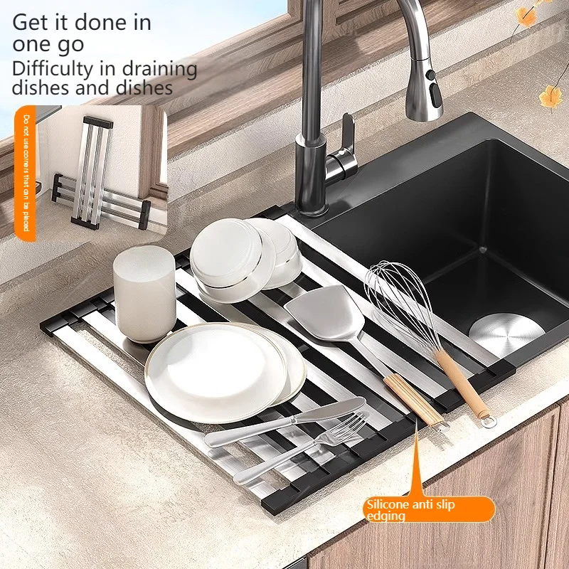 Foldable Draining Rack 304 Stainless Steel Kitchen Sink Portable Dish Drain Rack  Fruit And Vegetable Dishes Filter Shelf 2