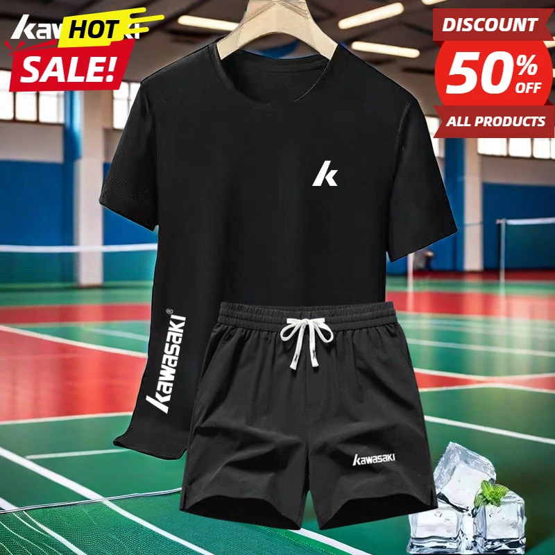 New Badminton Men's and Women's Short-sleeved Running Sports T-shirt Set, Competition Breathable Training Sportswear Shorts