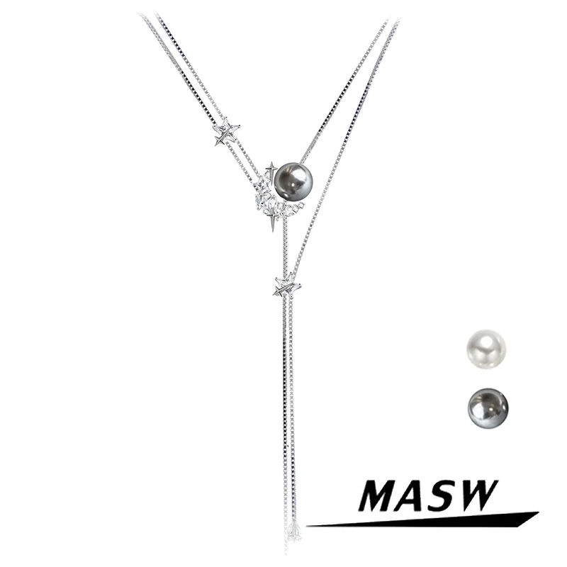 

MASW Original Design Elegant Temperament Simulated Glass Pearl Chain Necklace For Women Girl Wedding Gift Fine Jewelry