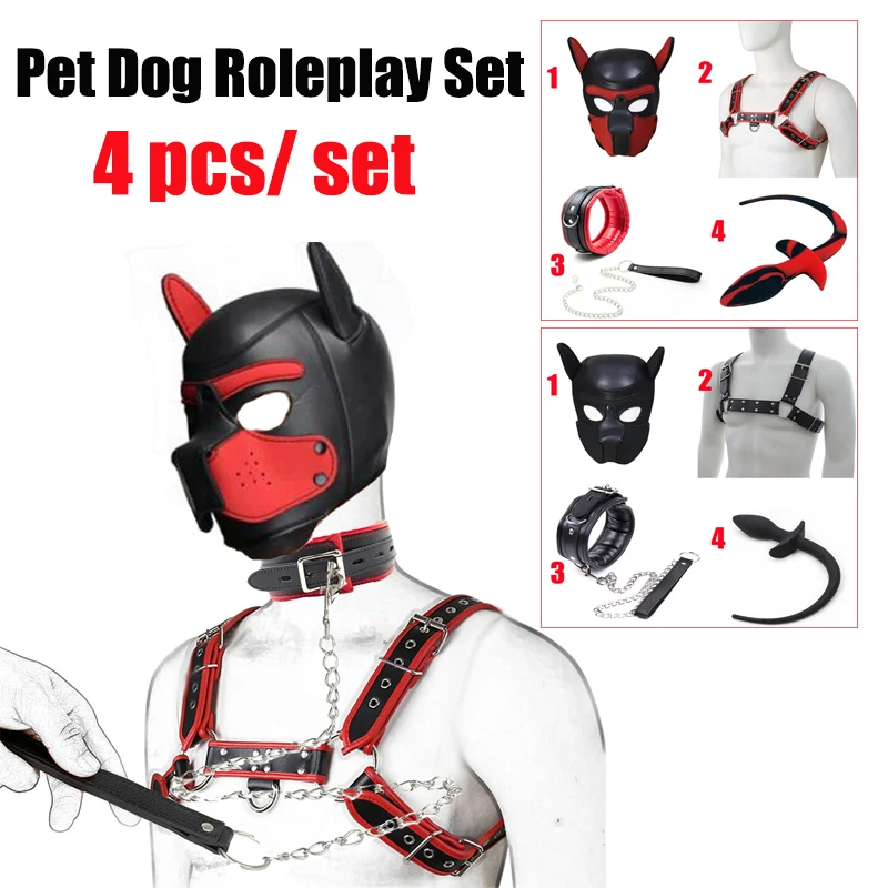 

Bdsm Pet Roleplay Set,Puppy Play Dog Hood Mask Party Mask,Leather Male Chest Harness Strap,Dog Tail Plug,Pup Neck Collar Sex Toy