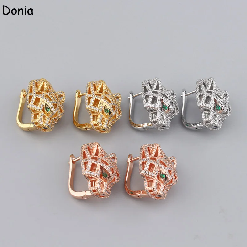 Donia Jewelry New Fashion Hollow Titanium Steel Micro-Inlaid AAA Zircon Leopard Head Earrings Silver Needle Luxury Accessories