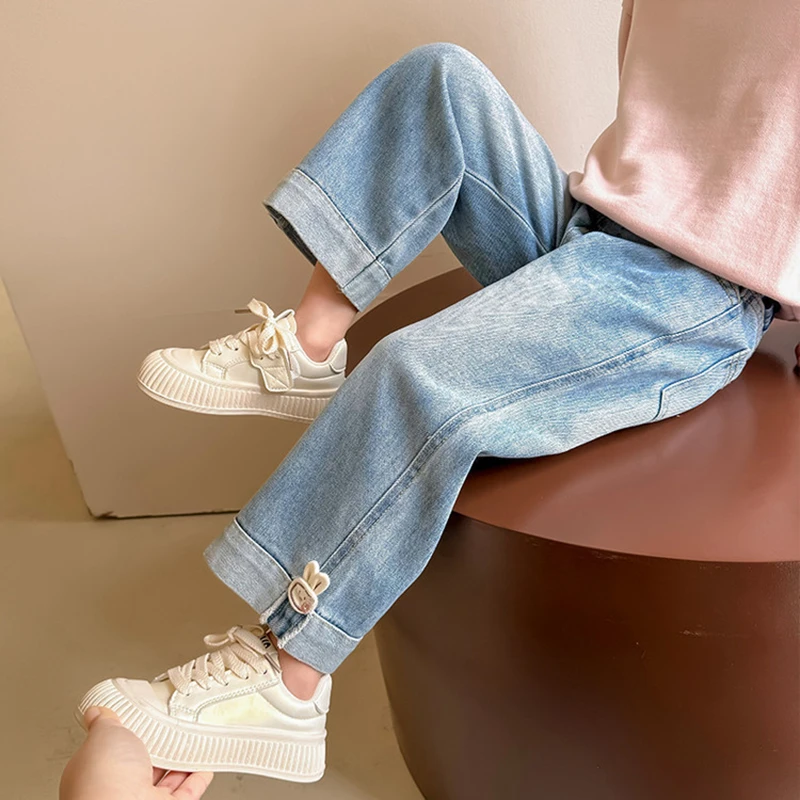 Jeans pour filles de 2 à 7 ans, en Denim doux, avec manchette roulée, décor de lapin mignon, jambes larges, taille élastique, nouvelle collection 2026