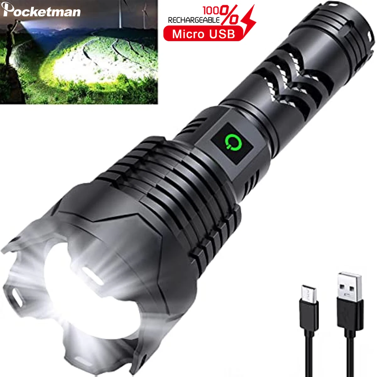 

High Lumens XHP160 LED Flashlights USB Type-C Rechargeable Tactical Torch Zoomable 6 Modes Power Bank Waterproof Hand Work Light