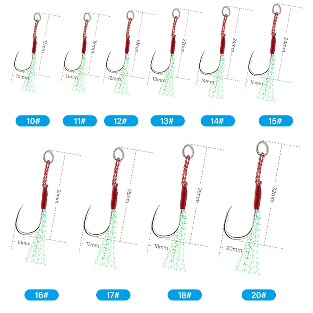 10pcs/Lot Fishing Lure Slow Jigging Fishing Cast Jigs Assist Hook Barbed Single Jig Hooks Thread Feather Pesca High Carbon Steel