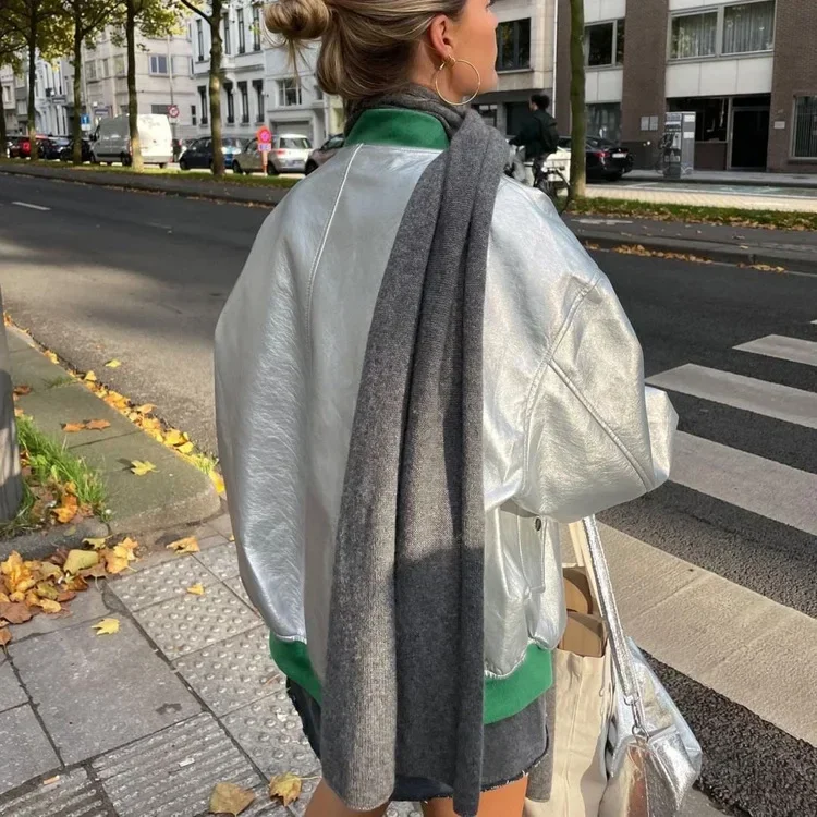 Sliver Pu Leather Jackets for Women Winter Stand Collar Long Sleeve Jacket Streetwear Patchwork Zip Coat Female