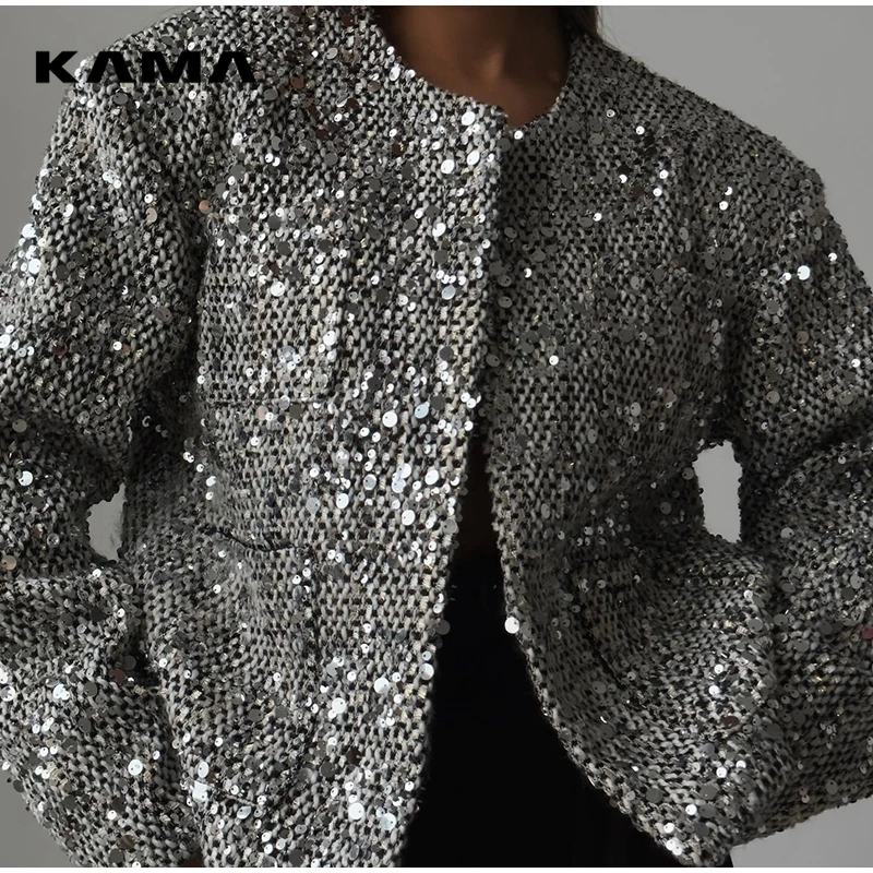 

KAMA Silver Sequin Shinny Croped Jacket For Women O Neck Long Sleeve Coat Silvers Color Autumn Chic Female Streetwear Coats