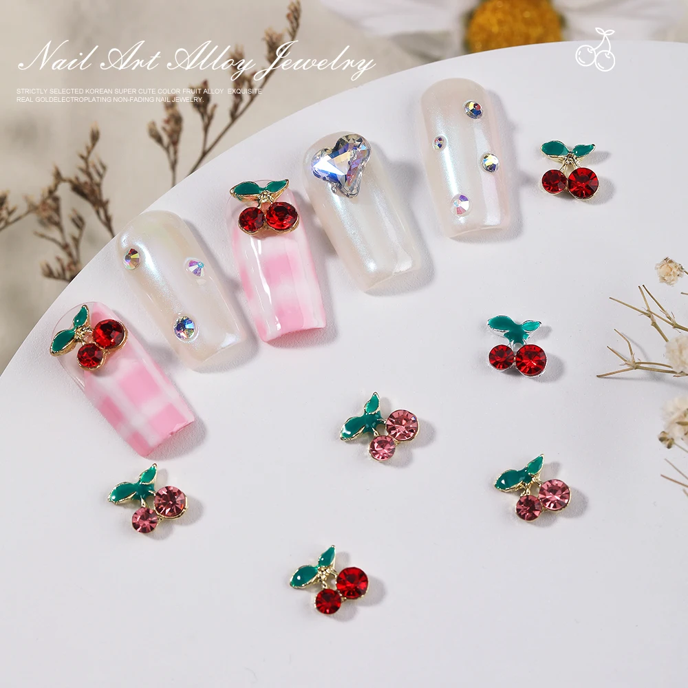 

10pcs 3D Luxury Crystal Red Pink Cherry Wood 3D Metal Alloy Rhinestone Nail Art Ornaments DIY Nail Art Decoration Accessories