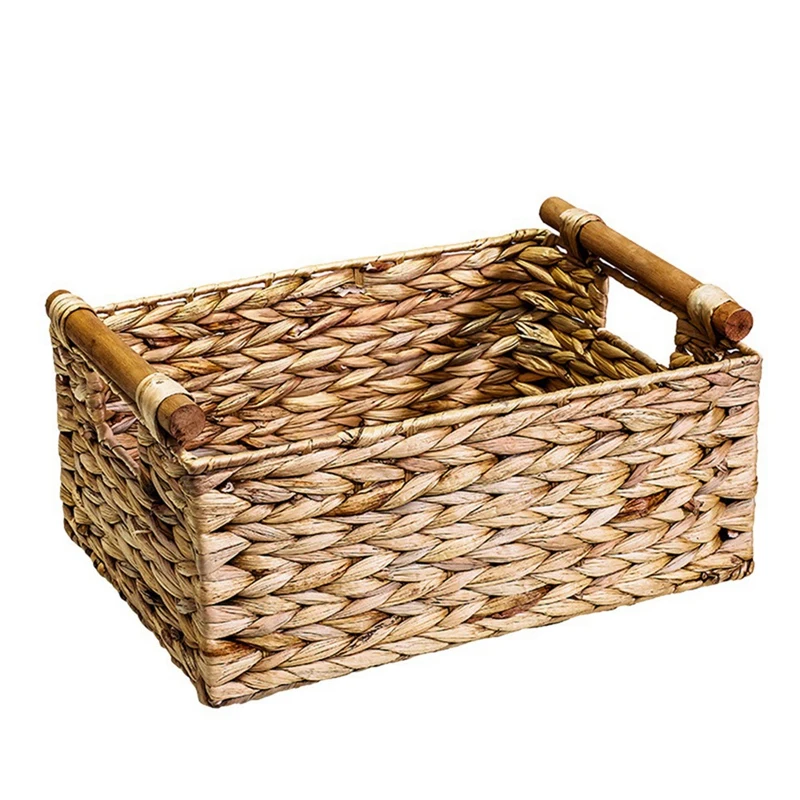 

HOT SALE 3X Wicker Basket Rectangular With Wooden Handles For Shelves Hyacinth Basket Storage,Natural Baskets For Organizing