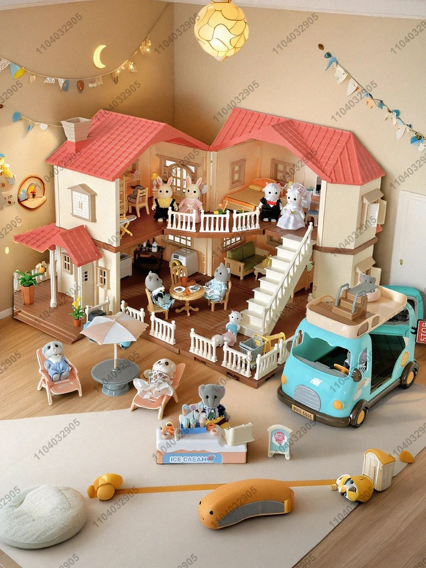 Miniature Animal Dollhouse Forest Family Big House Mini Furniture Double Three-Story Dollhouse Villa Play House Girl Gift Toy 2