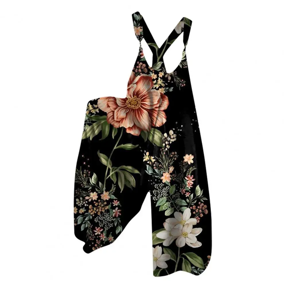 

Lightweight Overalls Ethnic Style Print Women's Sleeveless Jumpsuit with Wide Leg Deep Crotch Cross Back Suspender Design Women
