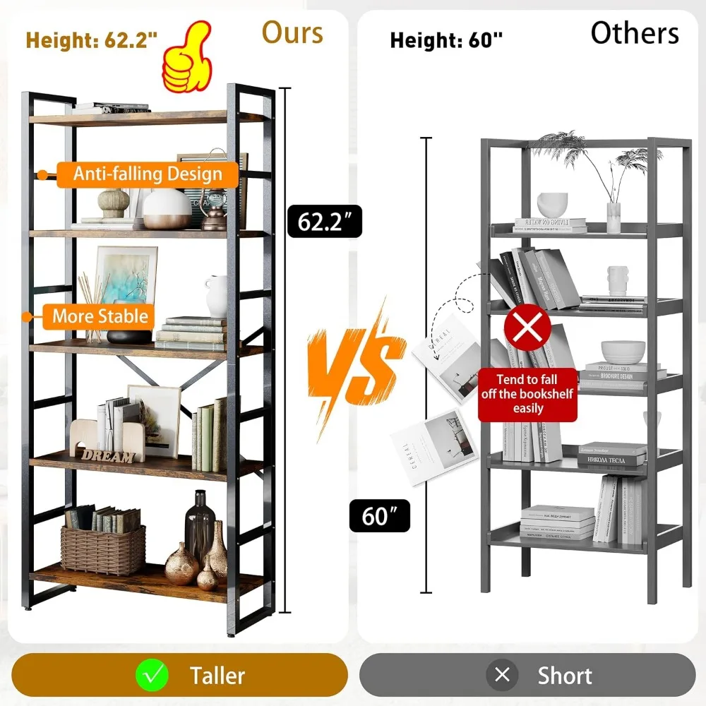 5 Tier Bookshelf for CDs/Movies/Books, Bookcase Storage Organizer, for Bedroom/Living Room/Home Office. Freestanding Bookshelf 4