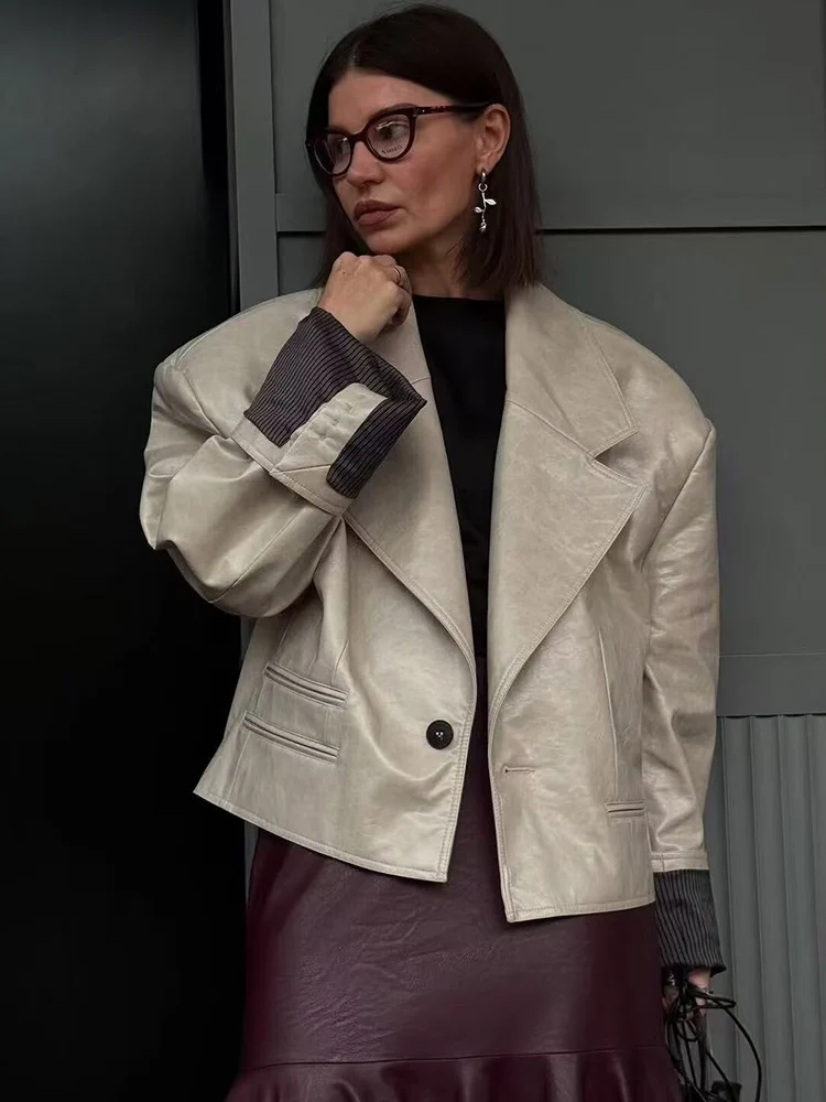 New Women PU Leather Jacket Autumn Spring Fashion Long Sleeve Lapel Collar Button Up Cropped Coats Slim Fit Streetwear Blazer