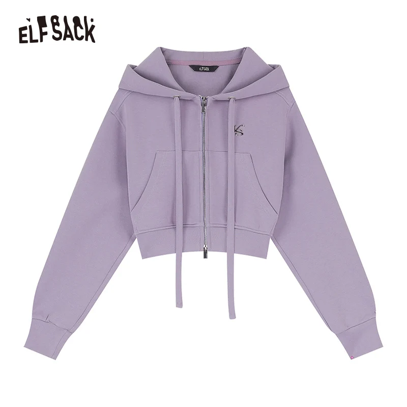 ELFSACK casual style cropped hooded loose cardigan for women 2024 spring new drawstring long sleeve energetic hooded top