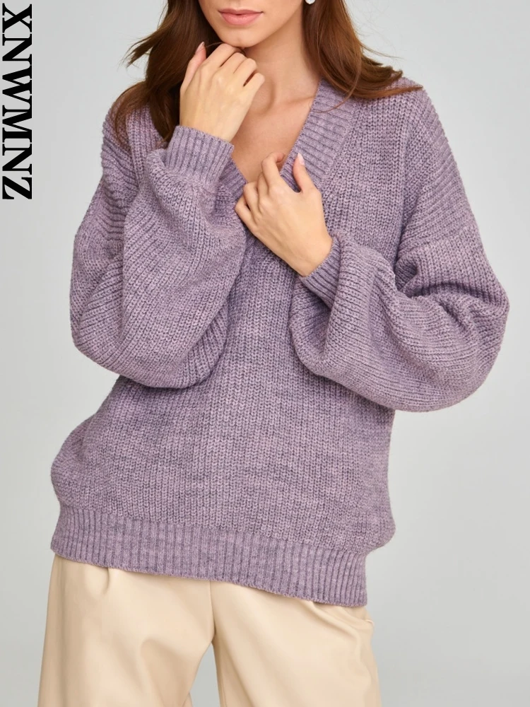 

XNWMNZ Autumn Winter Women's Fashion loose Knitted Sweater Women vintage Solid Basic V neck Long Sleeve Casual Sweater pullover