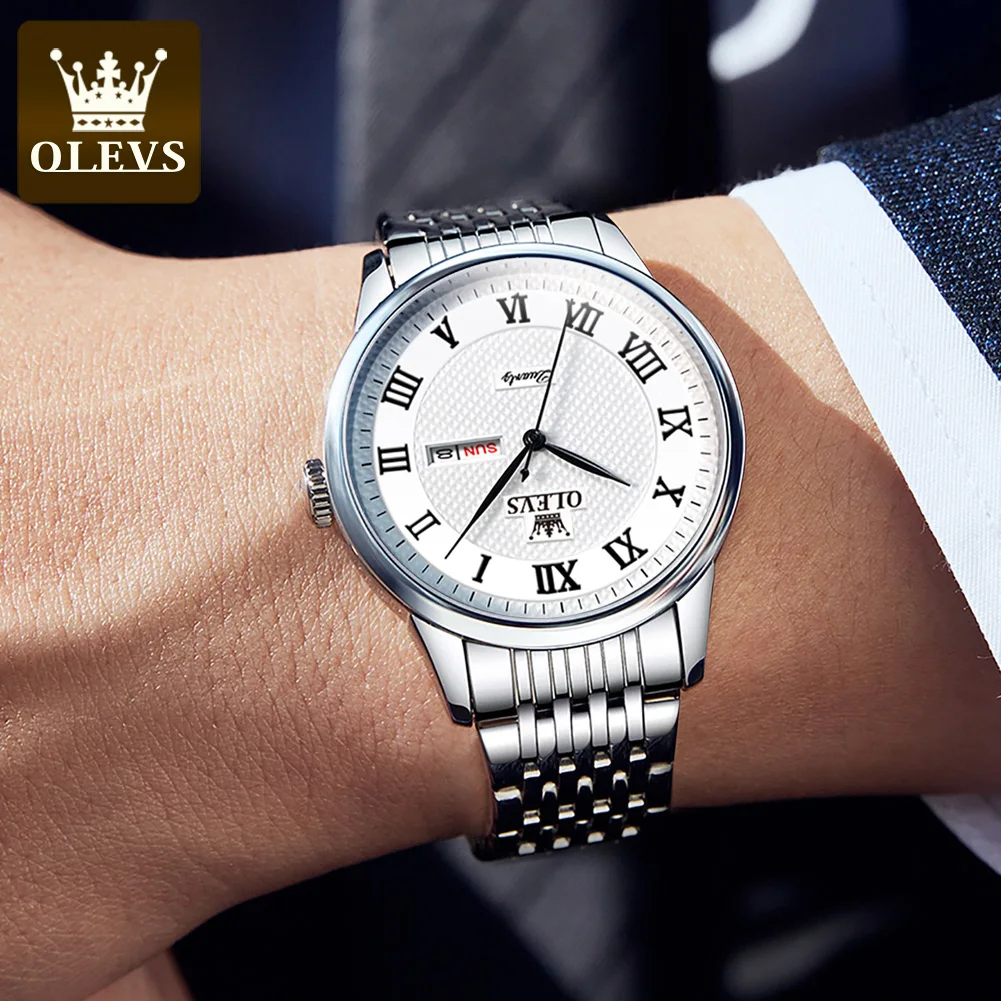 OLEVS Original Quartz Watch for Man Stainless Steel Strap Waterproof Roman Scale Dial Luxury Wristwatches Relogio Masculino
